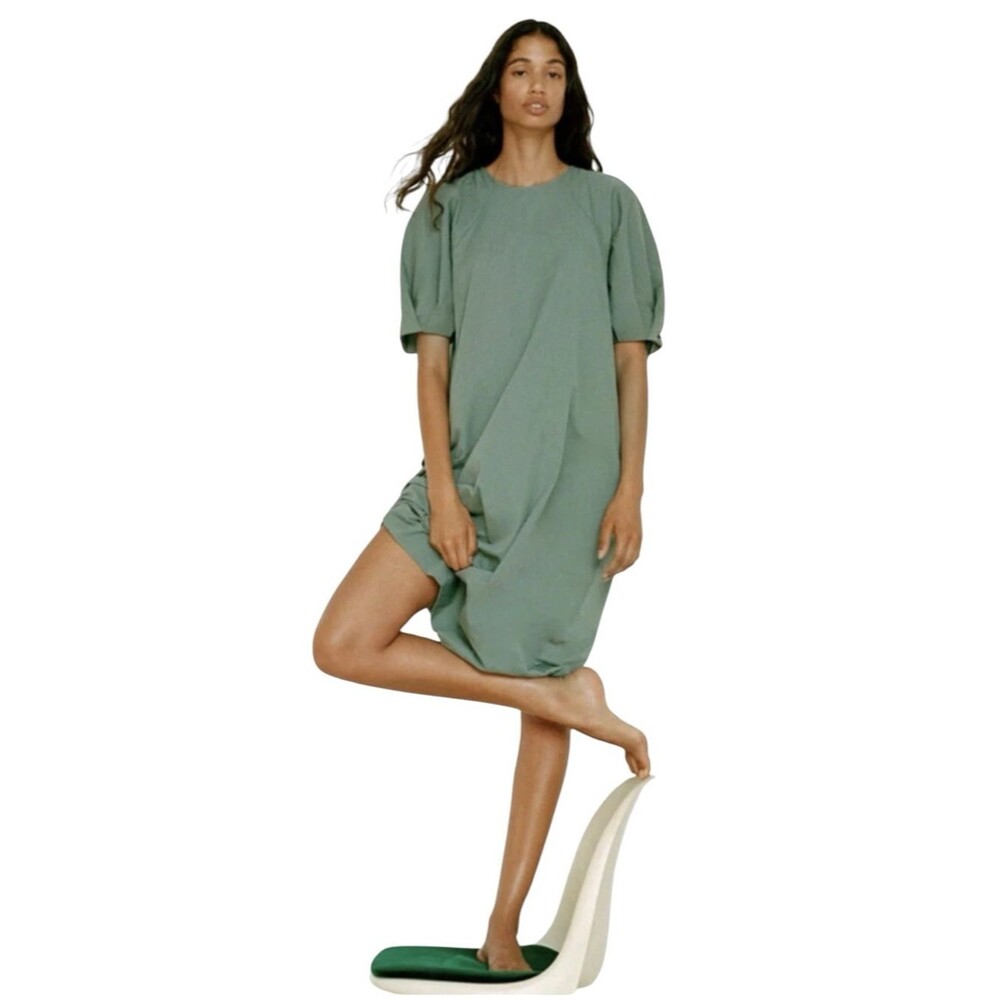 Zara Lagenlook Midi Dress Green Cotton Short Puff Sleeve Women Medium Sage Green
